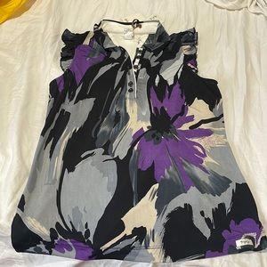 Trigelle M black grey purple floral sleeveless top ruffled shoulder nwt